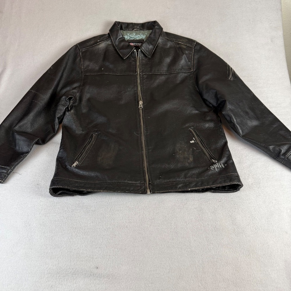 Y2K Split Skateboards Vintage Black Leather Jacket Quilted Lining Men's Large